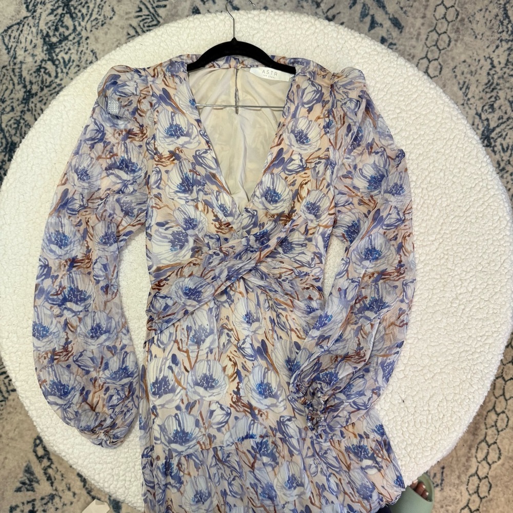 Astr Blue and Tan Sheath Dress with Bishop Sleeves